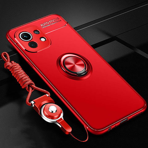 Custodia Silicone Ultra Sottile Morbida Cover con Magnetico Anello Supporto T05 per Xiaomi Mi 11 5G Rosso