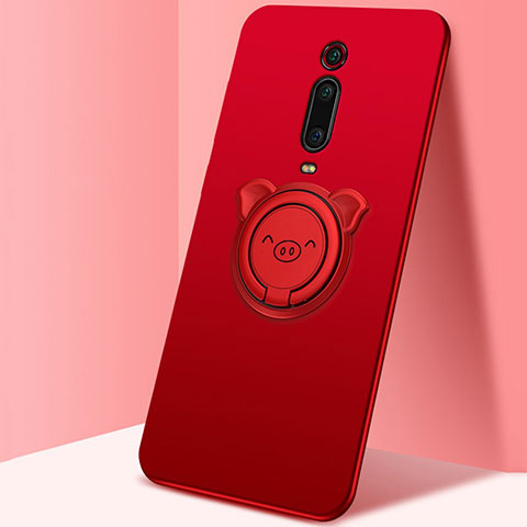 Custodia Silicone Ultra Sottile Morbida Cover con Magnetico Anello Supporto T05 per Xiaomi Mi 9T Pro Rosso