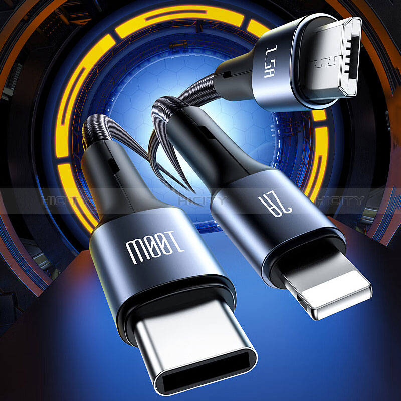 Cavo da Lightning USB a Cavetto Ricarica Carica Android Micro USB Type-C 100W H01 per Apple iPhone 15 Nero