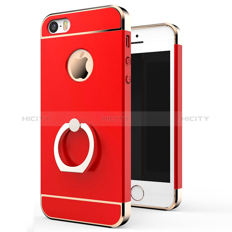 Cover Lusso Metallo Laterale e Plastica con Anello Supporto per Apple iPhone 5 Rosso