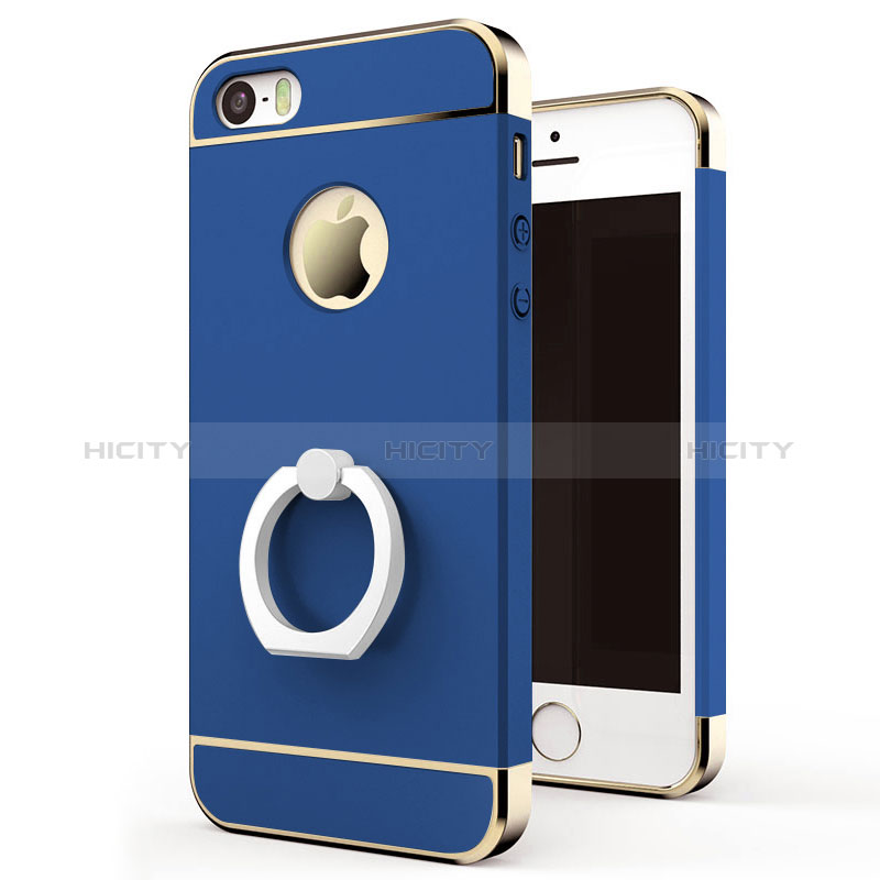 Cover Lusso Metallo Laterale e Plastica con Anello Supporto per Apple iPhone 5S Blu