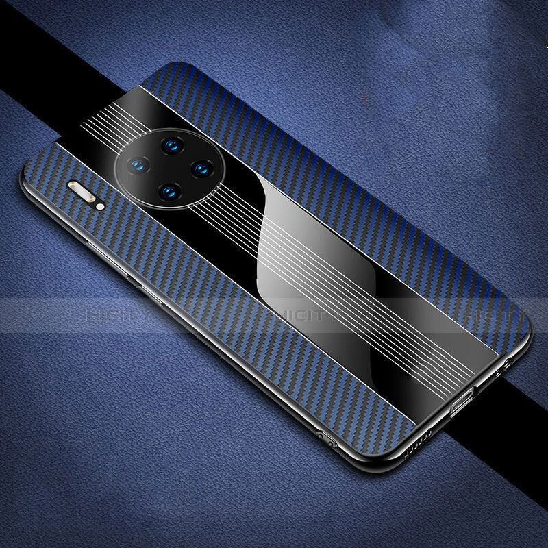 Custodia Fibra di Carbonio Lusso Morbida Spigato Cover T01 per Huawei Mate 30 Blu