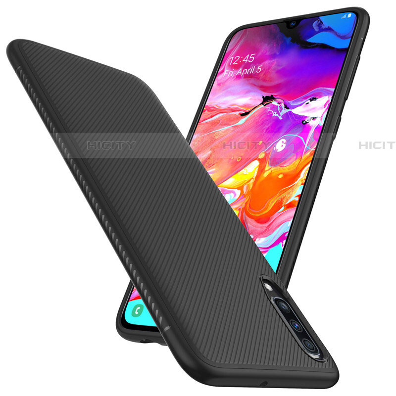 Custodia Fibra di Carbonio Lusso Morbida Spigato Cover T02 per Samsung Galaxy A70 Nero