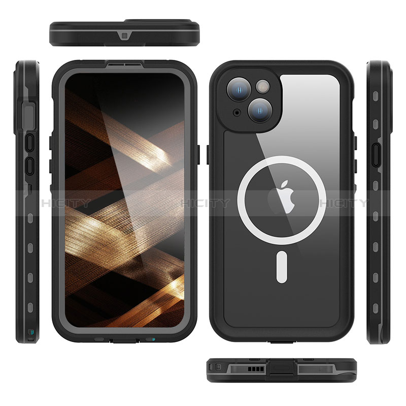 Custodia Impermeabile Silicone e Plastica Opaca Waterproof Cover 360 Gradi con Mag-Safe Magnetic HJ1 per Apple iPhone 14 Nero