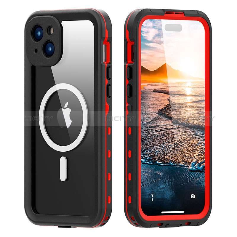 Custodia Impermeabile Silicone e Plastica Opaca Waterproof Cover 360 Gradi con Mag-Safe Magnetic per Apple iPhone 14 Plus Rosso