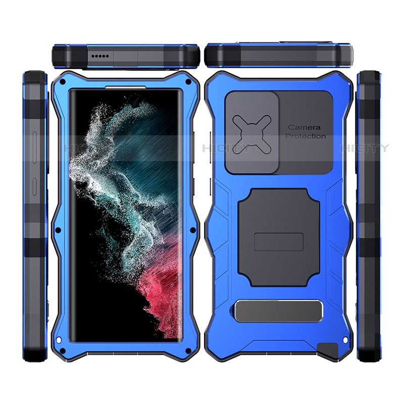 Custodia Impermeabile Silicone e Plastica Opaca Waterproof Cover 360 Gradi con Supporto T02 per Samsung Galaxy S21 Ultra 5G Blu