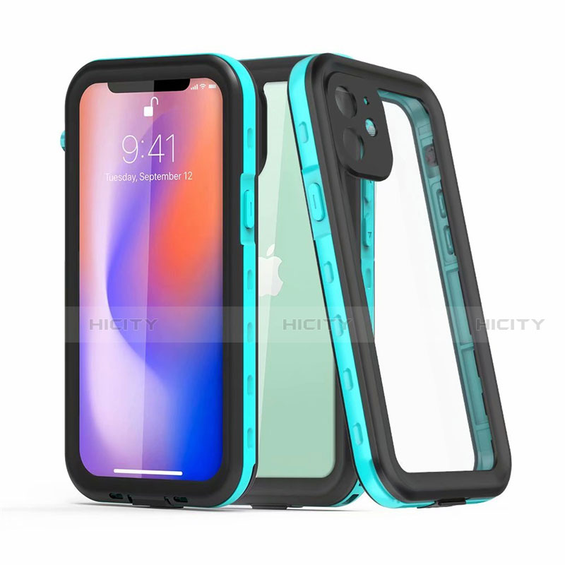 Custodia Impermeabile Silicone e Plastica Opaca Waterproof Cover 360 Gradi per Apple iPhone 12 Mini Ciano