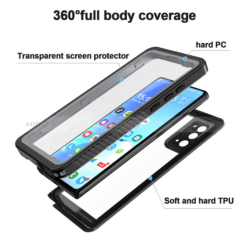 Custodia Impermeabile Silicone e Plastica Opaca Waterproof Cover 360 Gradi W02 per Samsung Galaxy Note 20 5G Nero
