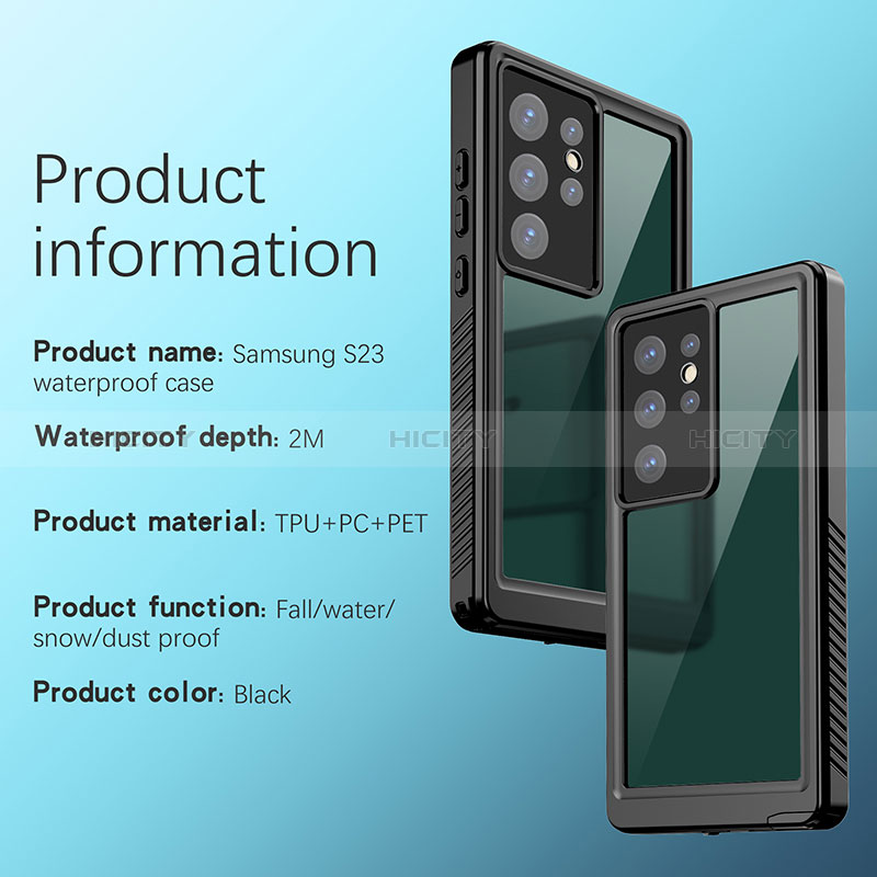 Custodia Impermeabile Silicone e Plastica Opaca Waterproof Cover 360 Gradi W02 per Samsung Galaxy S23 Ultra 5G Nero