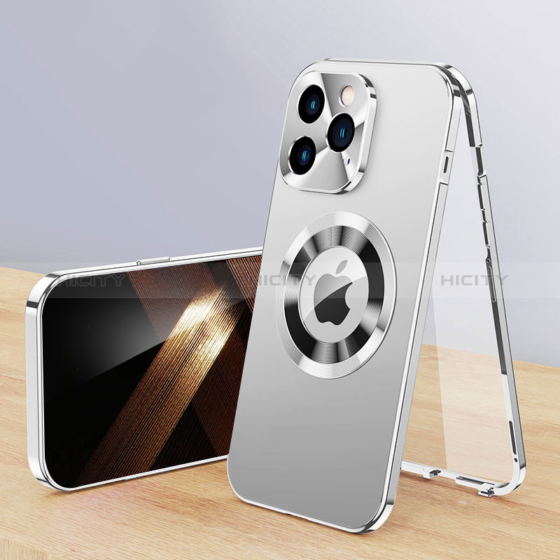 Custodia Lusso Alluminio Cover 360 Gradi con Mag-Safe Magnetic P01 per Apple iPhone 13 Pro Argento