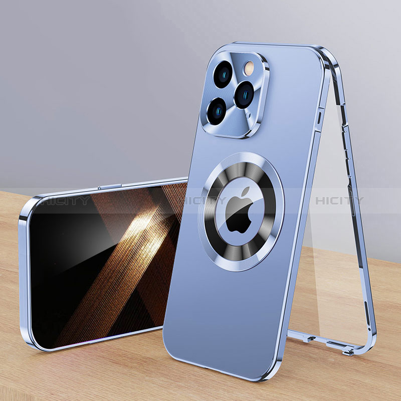 Custodia Lusso Alluminio Cover 360 Gradi con Mag-Safe Magnetic P01 per Apple iPhone 13 Pro Blu