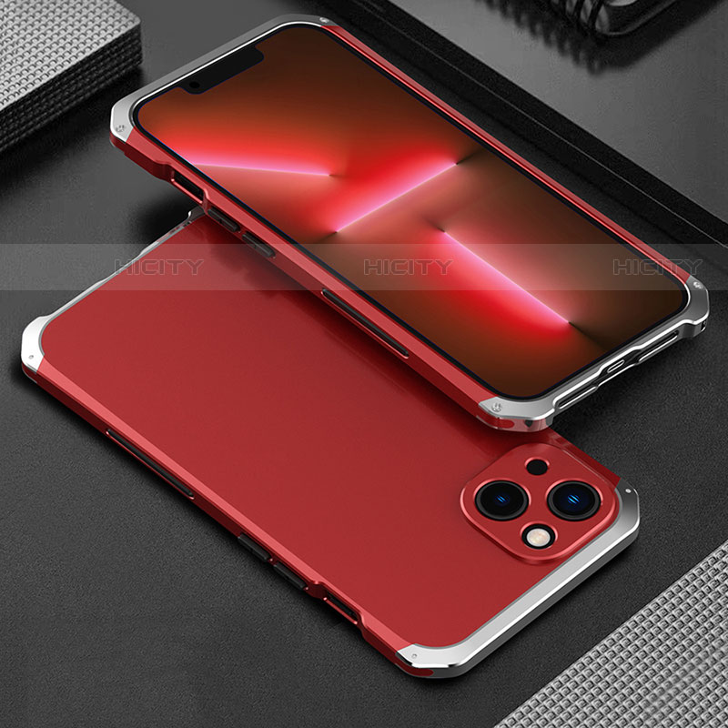 Custodia Lusso Alluminio Cover 360 Gradi per Apple iPhone 13 Argento e Rosso