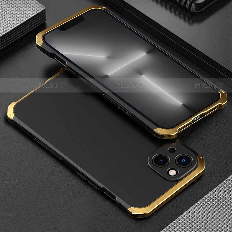 Custodia Lusso Alluminio Cover 360 Gradi per Apple iPhone 13 Mini Oro e Nero