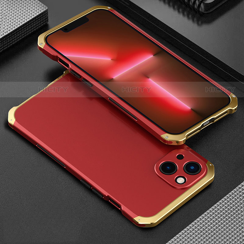 Custodia Lusso Alluminio Cover 360 Gradi per Apple iPhone 13 Mini Oro e Rosso