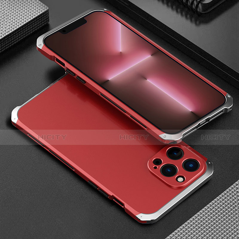 Custodia Lusso Alluminio Cover 360 Gradi per Apple iPhone 13 Pro Max Argento e Rosso