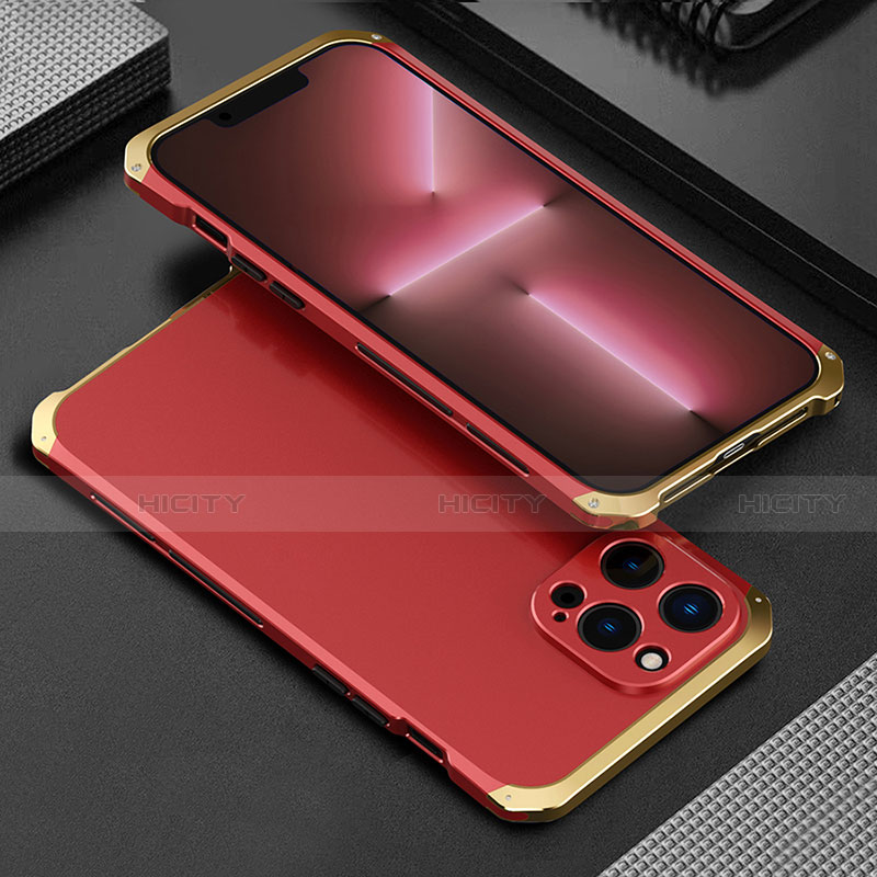 Custodia Lusso Alluminio Cover 360 Gradi per Apple iPhone 13 Pro Oro e Rosso