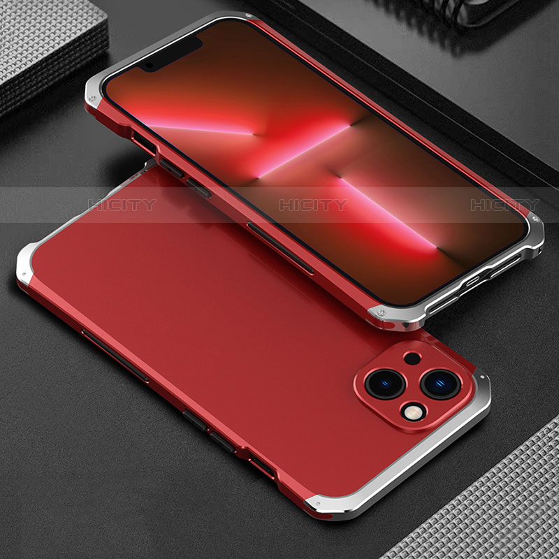 Custodia Lusso Alluminio Cover 360 Gradi per Apple iPhone 14 Argento e Rosso