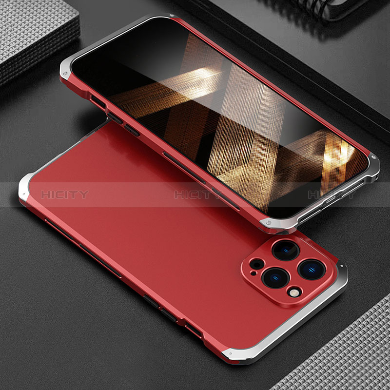 Custodia Lusso Alluminio Cover 360 Gradi per Apple iPhone 14 Pro Max Argento e Rosso