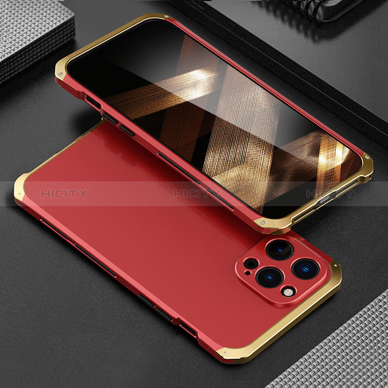 Custodia Lusso Alluminio Cover 360 Gradi per Apple iPhone 14 Pro Oro e Rosso