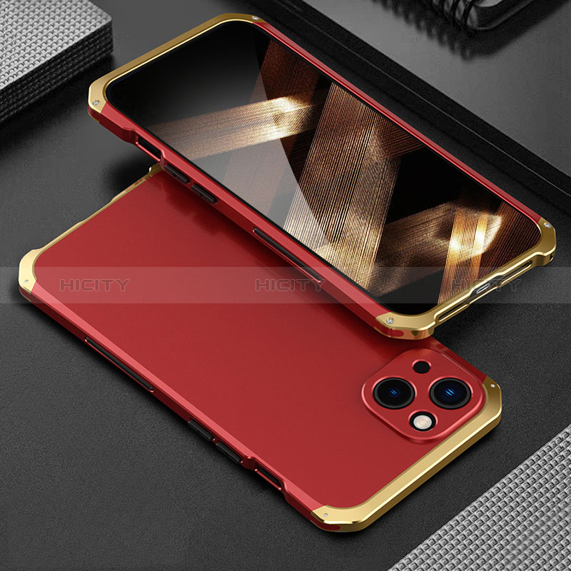 Custodia Lusso Alluminio Cover 360 Gradi per Apple iPhone 15 Oro e Rosso
