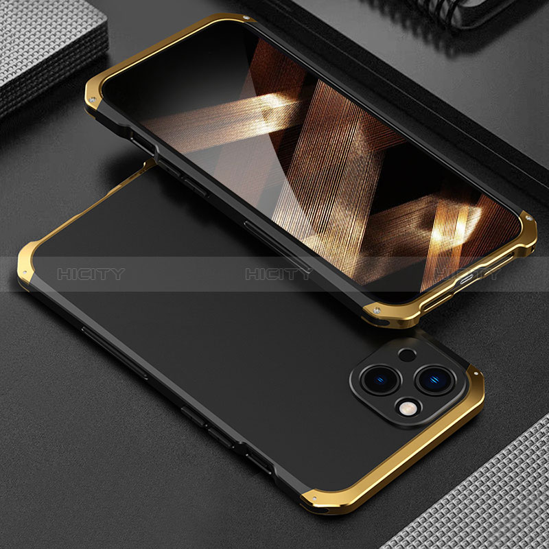 Custodia Lusso Alluminio Cover 360 Gradi per Apple iPhone 15 Plus Oro e Nero
