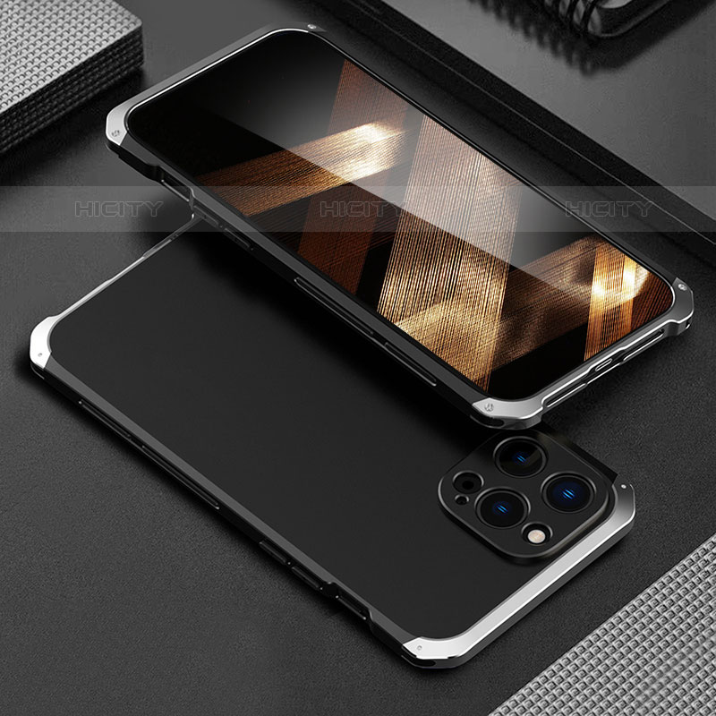 Custodia Lusso Alluminio Cover 360 Gradi per Apple iPhone 15 Pro Argento e Nero