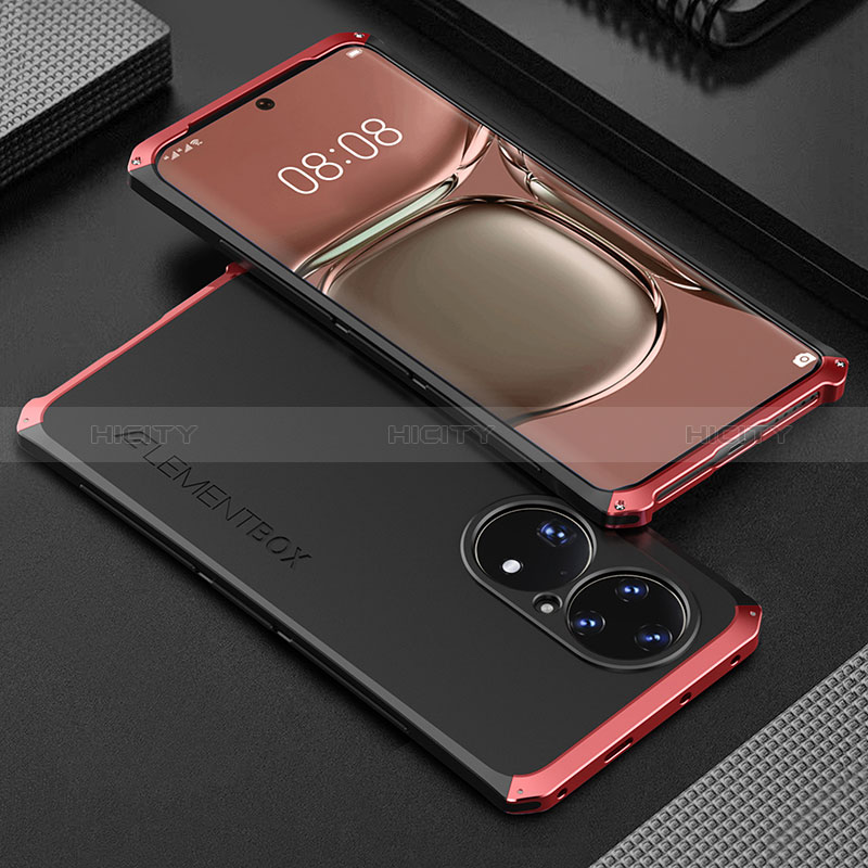 Custodia Lusso Alluminio Cover 360 Gradi per Huawei P50 Pro Rosso e Nero