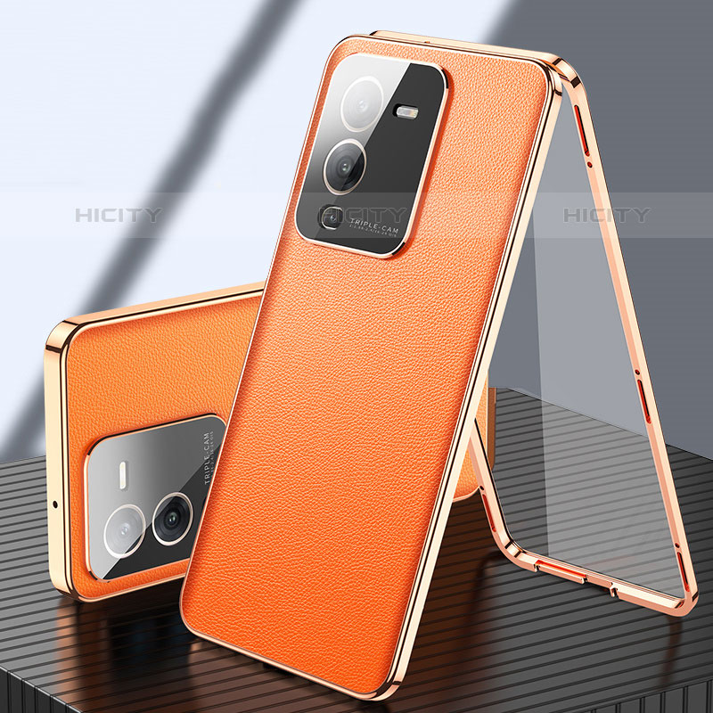 Custodia Lusso Alluminio e Pelle Cover 360 Gradi per Vivo V25 Pro 5G Arancione