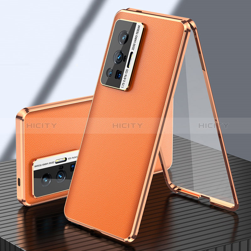 Custodia Lusso Alluminio e Pelle Cover 360 Gradi per Vivo X70 Pro 5G Arancione