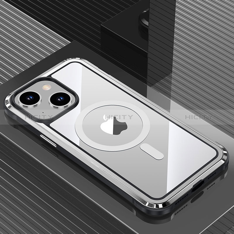 Custodia Lusso Alluminio e Silicone Laterale Cover con Mag-Safe Magnetic QC1 per Apple iPhone 13 Argento