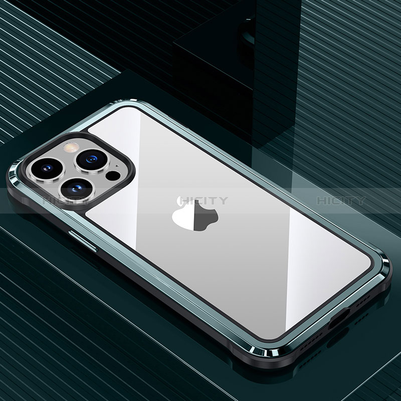 Custodia Lusso Alluminio e Silicone Laterale Cover QC1 per Apple iPhone 13 Pro Max Ciano