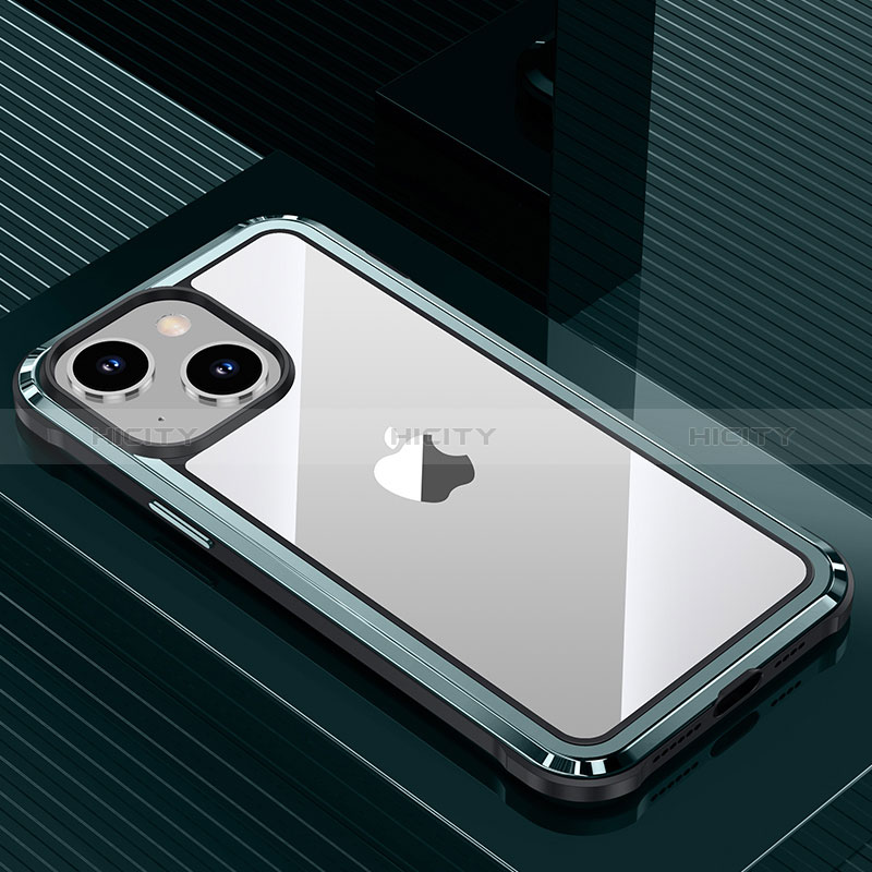 Custodia Lusso Alluminio e Silicone Laterale Cover QC1 per Apple iPhone 14 Plus Ciano
