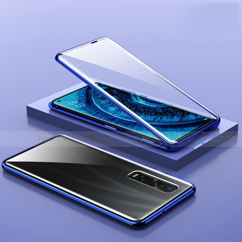 Custodia Lusso Alluminio Laterale Specchio 360 Gradi Cover A02 per Oppo Find X2 Pro Blu