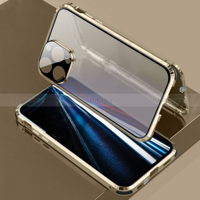 Custodia Lusso Alluminio Laterale Specchio 360 Gradi Cover LK3 per Apple iPhone 13 Pro Max Oro