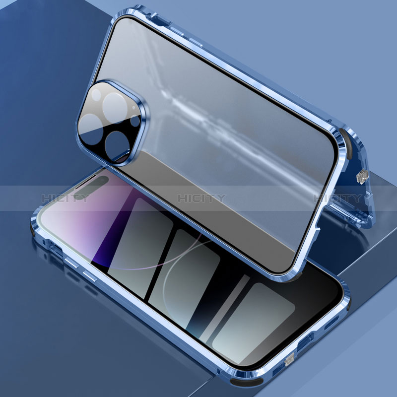 Custodia Lusso Alluminio Laterale Specchio 360 Gradi Cover LK3 per Apple iPhone 14 Pro Blu