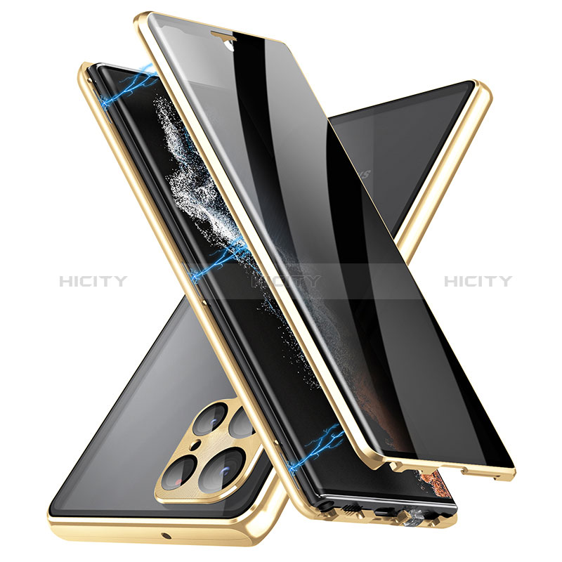 Custodia Lusso Alluminio Laterale Specchio 360 Gradi Cover LK3 per Samsung Galaxy S22 Ultra 5G Oro