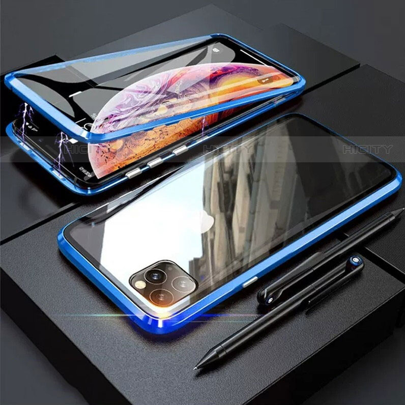 Custodia Lusso Alluminio Laterale Specchio 360 Gradi Cover M01 per Apple iPhone 11 Pro Blu