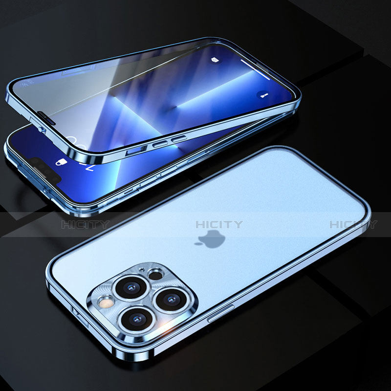 Custodia Lusso Alluminio Laterale Specchio 360 Gradi Cover M01 per Apple iPhone 13 Pro Blu