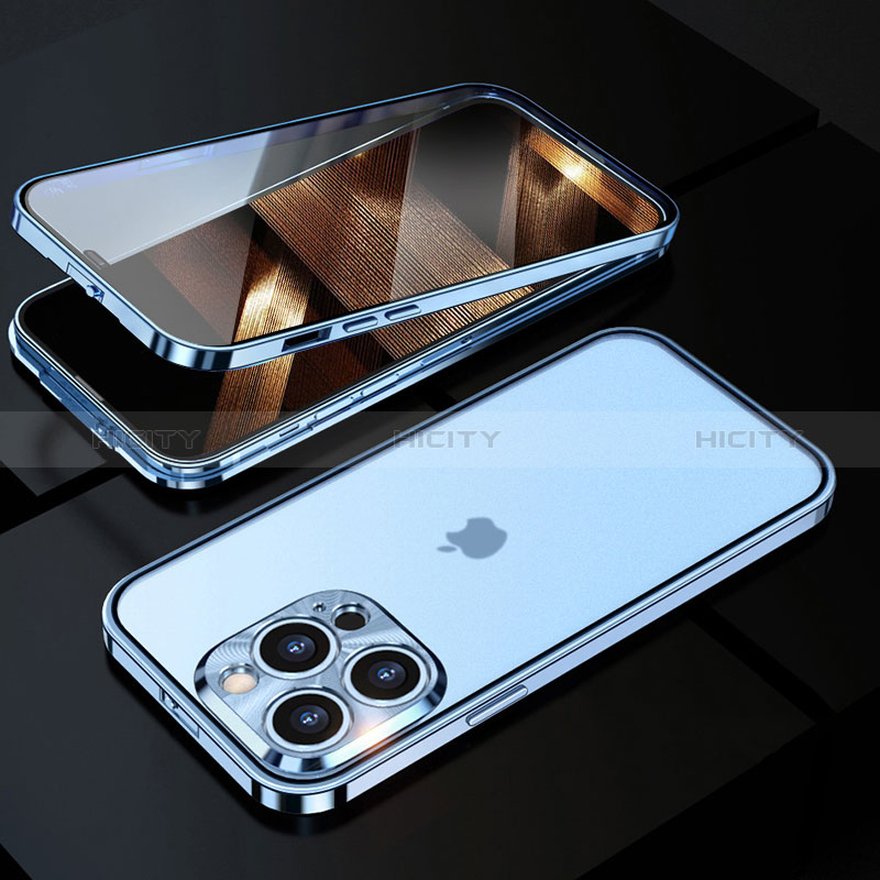 Custodia Lusso Alluminio Laterale Specchio 360 Gradi Cover M01 per Apple iPhone 14 Pro Blu