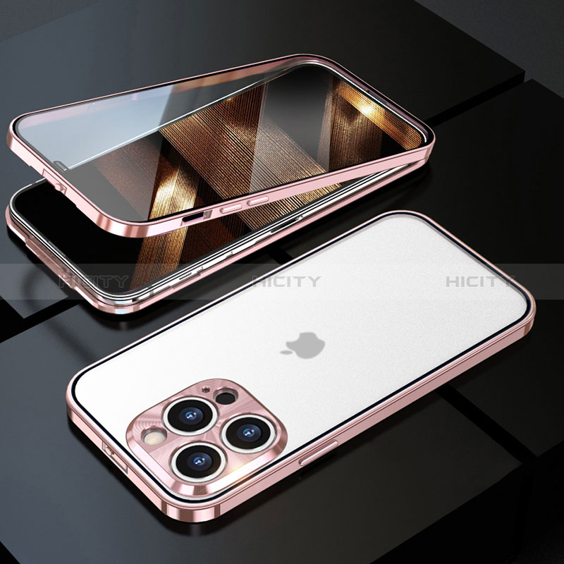 Custodia Lusso Alluminio Laterale Specchio 360 Gradi Cover M01 per Apple iPhone 14 Pro Oro Rosa