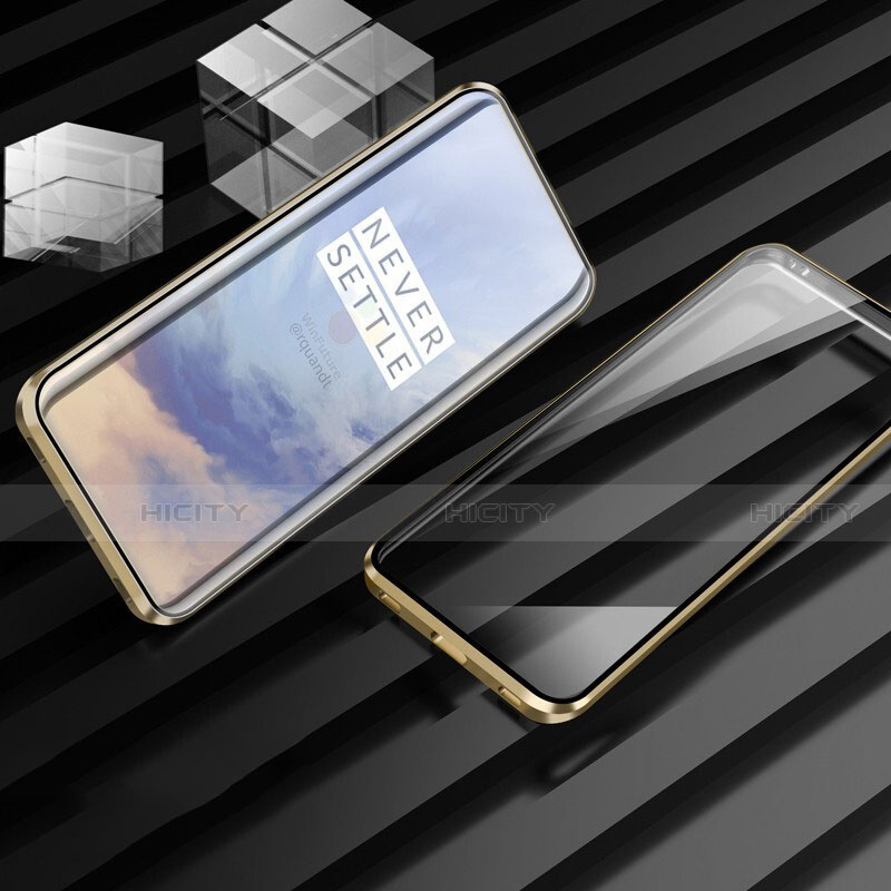 Custodia Lusso Alluminio Laterale Specchio 360 Gradi Cover M01 per OnePlus 7T Pro 5G Oro