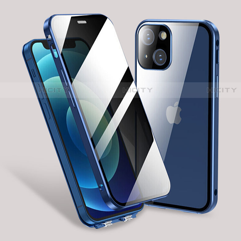 Custodia Lusso Alluminio Laterale Specchio 360 Gradi Cover M02 per Apple iPhone 14 Blu