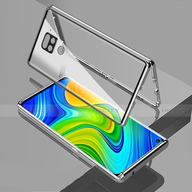 Custodia Lusso Alluminio Laterale Specchio 360 Gradi Cover M02 per Xiaomi Redmi Note 9 Argento