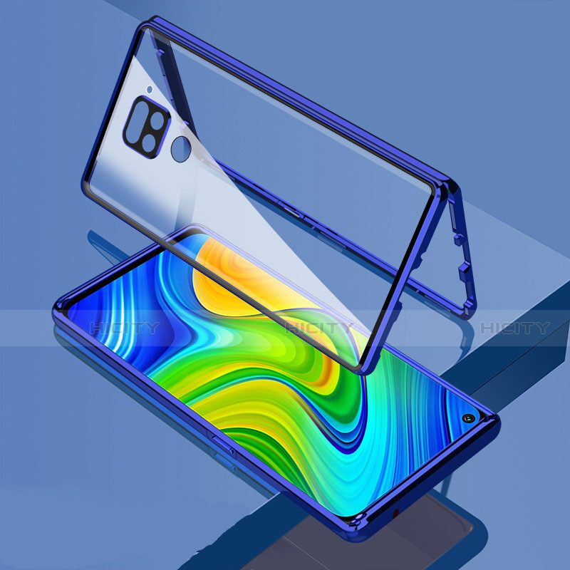 Custodia Lusso Alluminio Laterale Specchio 360 Gradi Cover M02 per Xiaomi Redmi Note 9 Blu