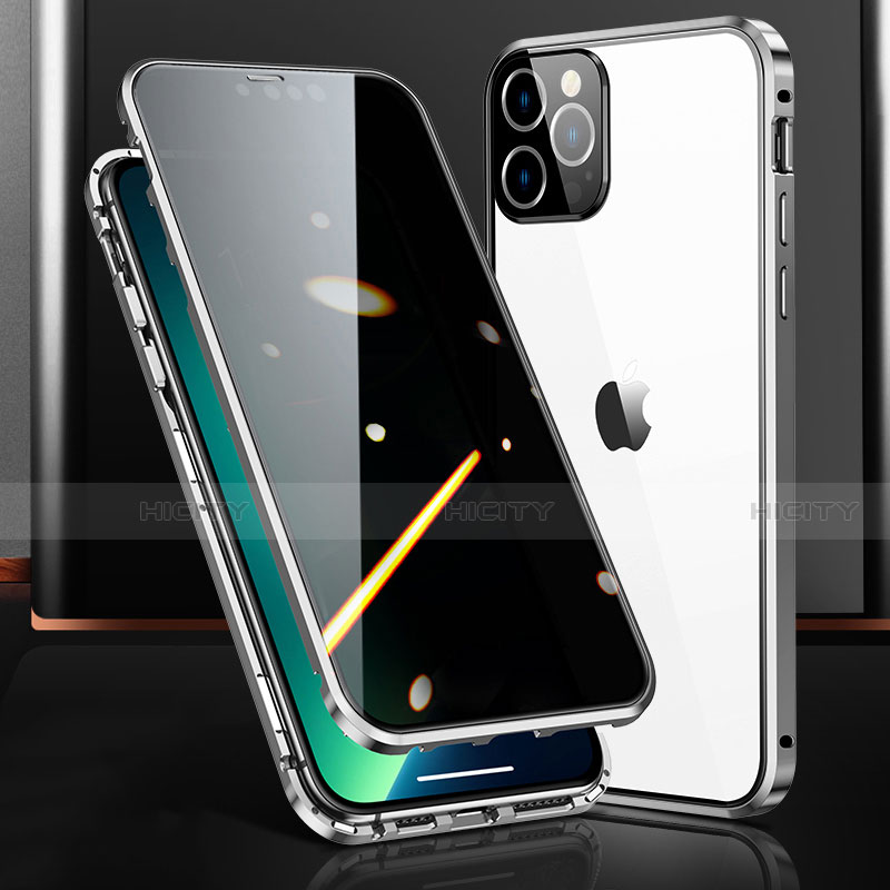 Custodia Lusso Alluminio Laterale Specchio 360 Gradi Cover M03 per Apple iPhone 13 Pro Max Argento