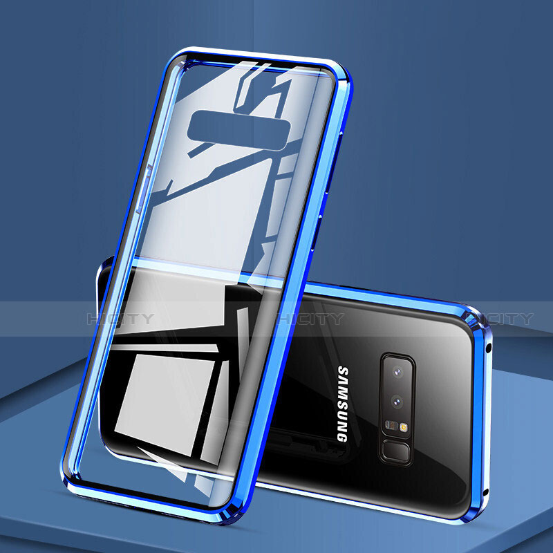 Custodia Lusso Alluminio Laterale Specchio 360 Gradi Cover M03 per Samsung Galaxy Note 8 Duos N950F Blu