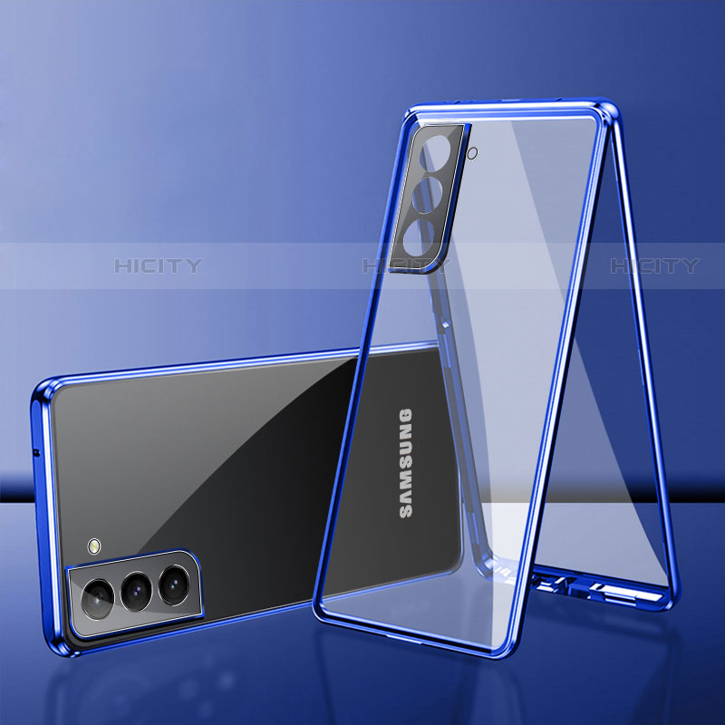 Custodia Lusso Alluminio Laterale Specchio 360 Gradi Cover M03 per Samsung Galaxy S21 FE 5G Blu