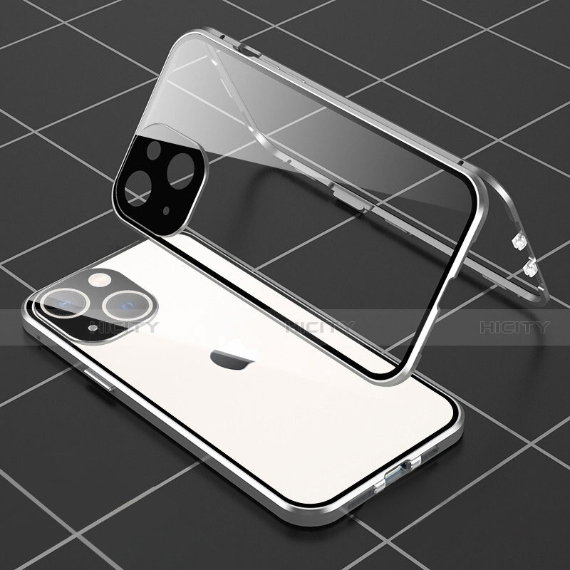Custodia Lusso Alluminio Laterale Specchio 360 Gradi Cover M04 per Apple iPhone 13 Argento