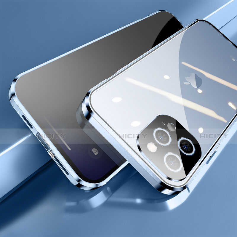 Custodia Lusso Alluminio Laterale Specchio 360 Gradi Cover M04 per Apple iPhone 13 Pro Blu