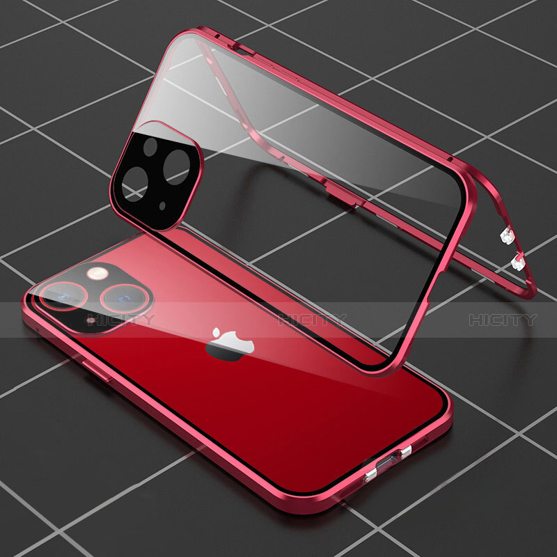 Custodia Lusso Alluminio Laterale Specchio 360 Gradi Cover M04 per Apple iPhone 14 Plus Rosso